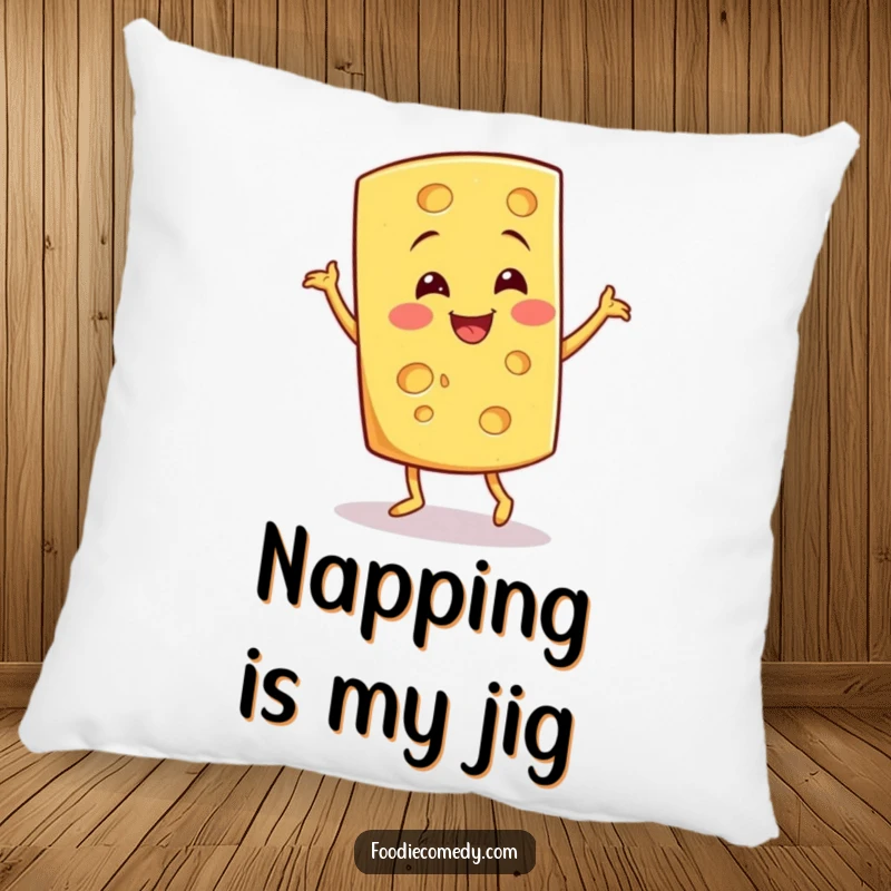 Funny Cheese Jig Pillow: A jigging cheese wedge offers soft, humorous, and cheesy decorative comfort.