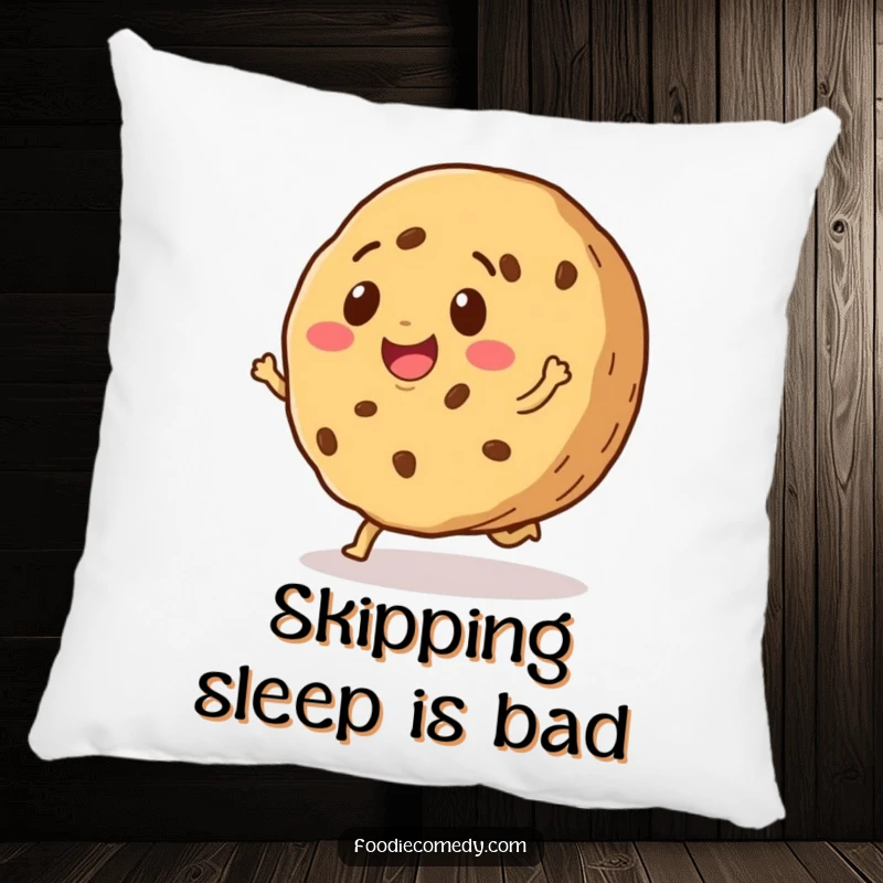 Funny pillow featuring a smiling cookie doing a happy little skip, providing a soft and sweet touch of humor and comfort.