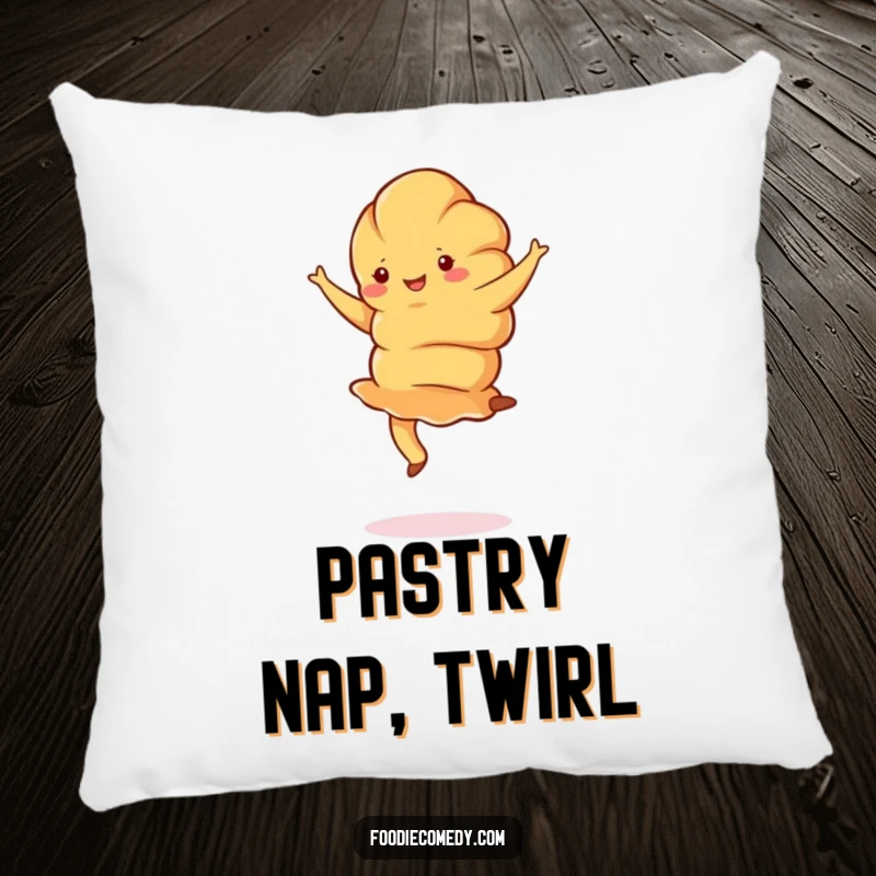 Funny croissant pillow with a jubilant croissant doing a graceful pirouette, offering soft comfort and Parisian-themed humor.
