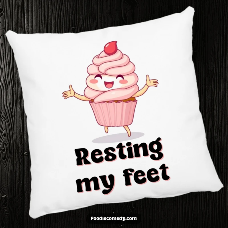 Funny pillow showing a delighted cupcake hilariously dancing a whimsical folk dance, bringing sugary cheer.