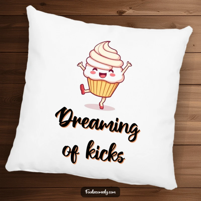 Funny pillow with a cute, exuberant cupcake doing a lively kick, providing a soft and humorous addition to any seating area.