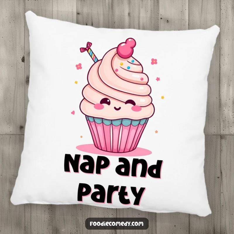 Funny Cupcake Party Pillow: A cute kawaii cupcake character energetically blowing a party favor in a cozy pillow design.