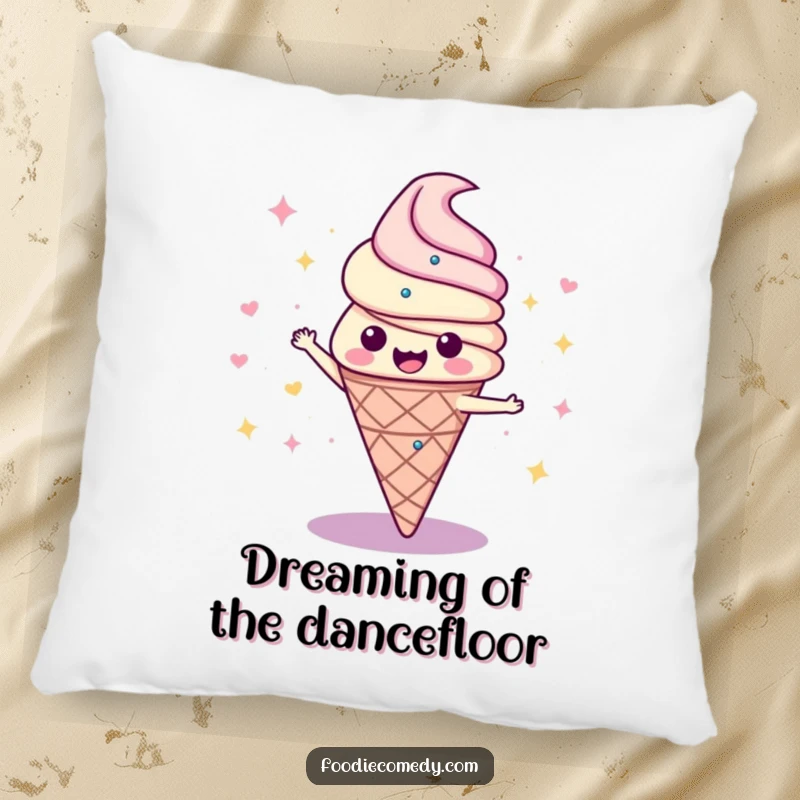 Funny decorative pillow featuring a happy, dancing ice cream cone mid-disco spin, adding a touch of whimsical charm and comfort.