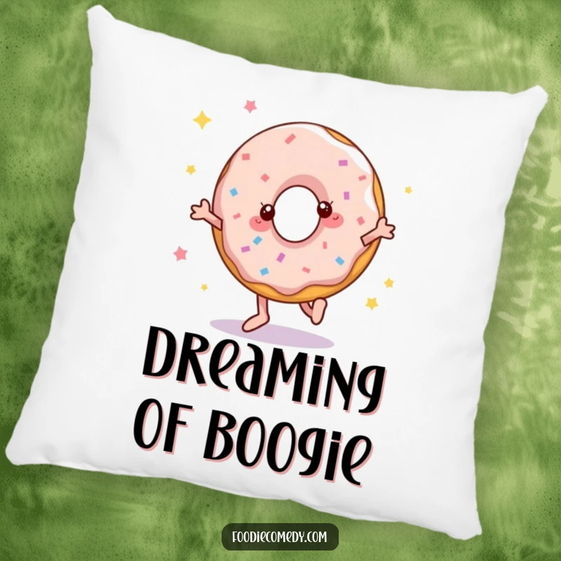 Funny pillow showcasing a round donut effortlessly grooving with disco moves, offering comfort and humor.