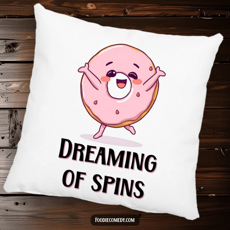 Funny donut character breakdancing, printed on a soft and comfy pillow, adding humor to decor.