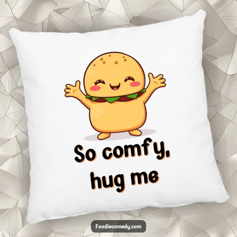 Funny burger pillow, a happy burger character with arms outstretched, offering a soft, huggable, and humorous embrace.