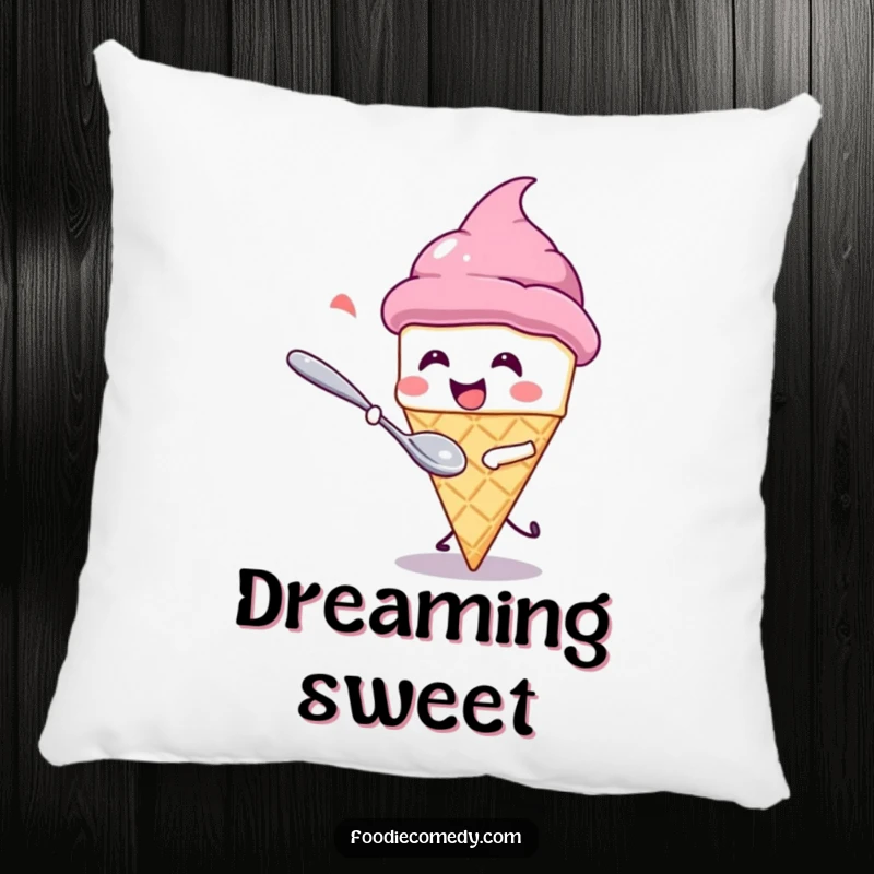 Funny Pillow: A cute kawaii ice cream cone giggles while a spoon playfully chases it. A soft and amusing decor item.