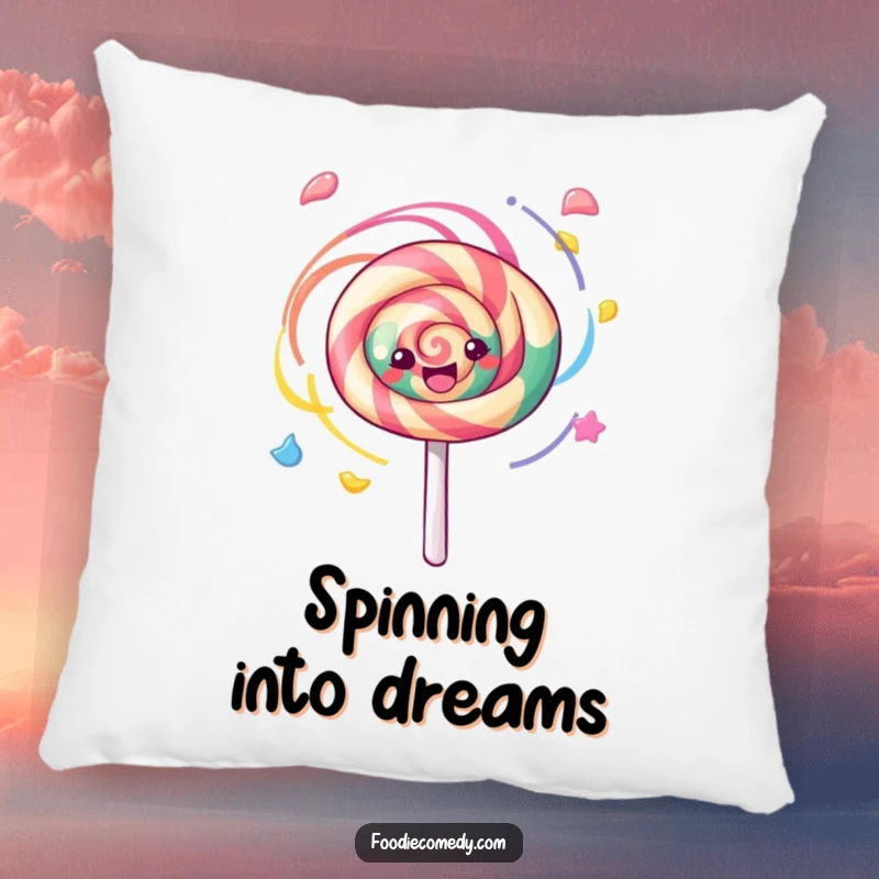 Funny kawaii lollipop joyfully spinning with colorful swirls on this decorative pillow, a soft and humorous accent.