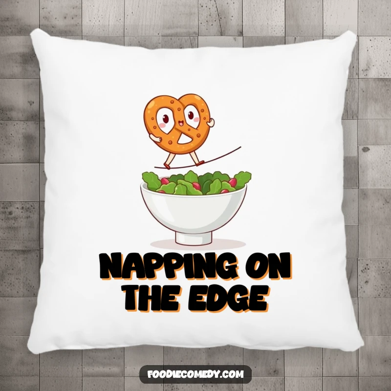 Funny kawaii pretzel pillow, plush cushion with a brave pretzel doing a tightrope walk over a salad bowl, cozy home decor, cute snack theme, perfect funny gift.