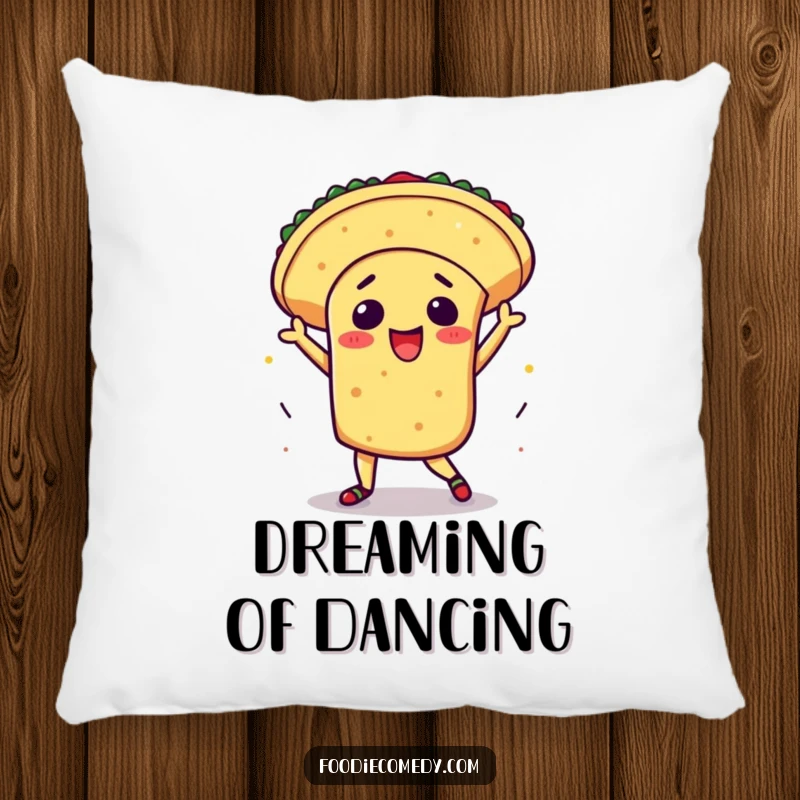 Funny kawaii taco pillow, plush cushion with an excited taco doing a flamboyant salsa dance, cozy home decor, cute food theme, perfect funny gift.