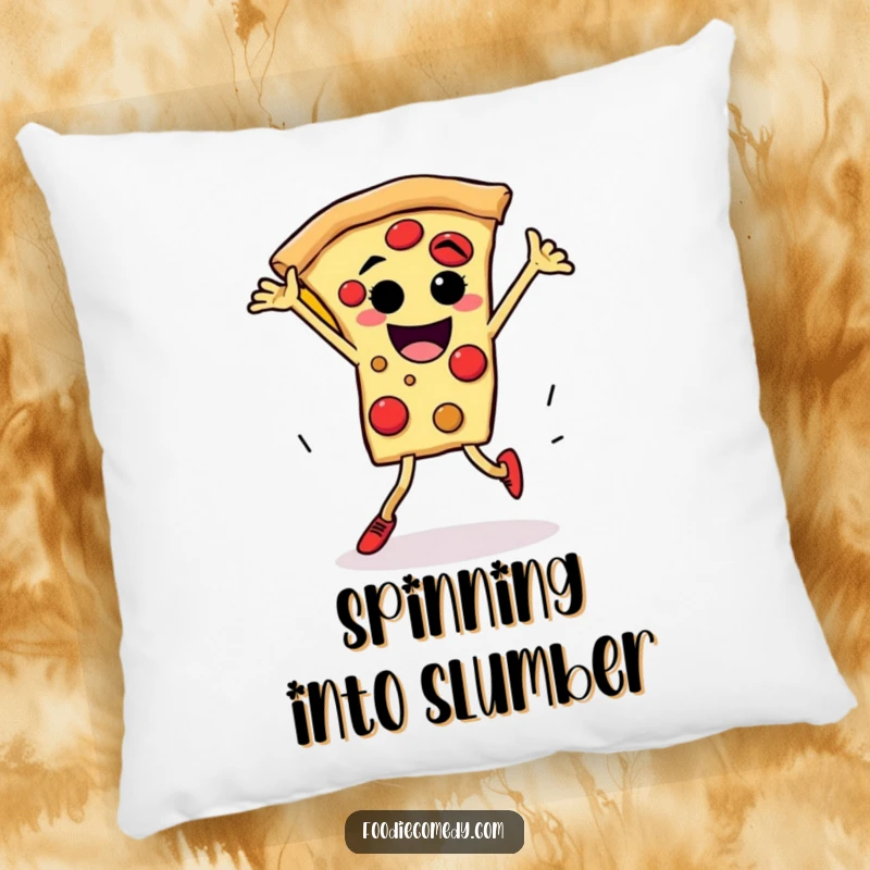Funny pizza breakdance pillow showing a pizza slice character with legs spinning energetically, perfect for adding comfort.