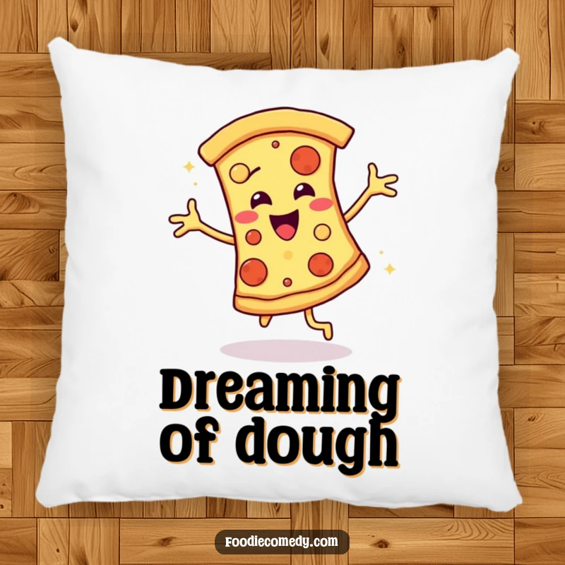 Funny pillow with a smiling pizza slice engrossed in a disco dance, offering comfort and comedic flair for your home.
