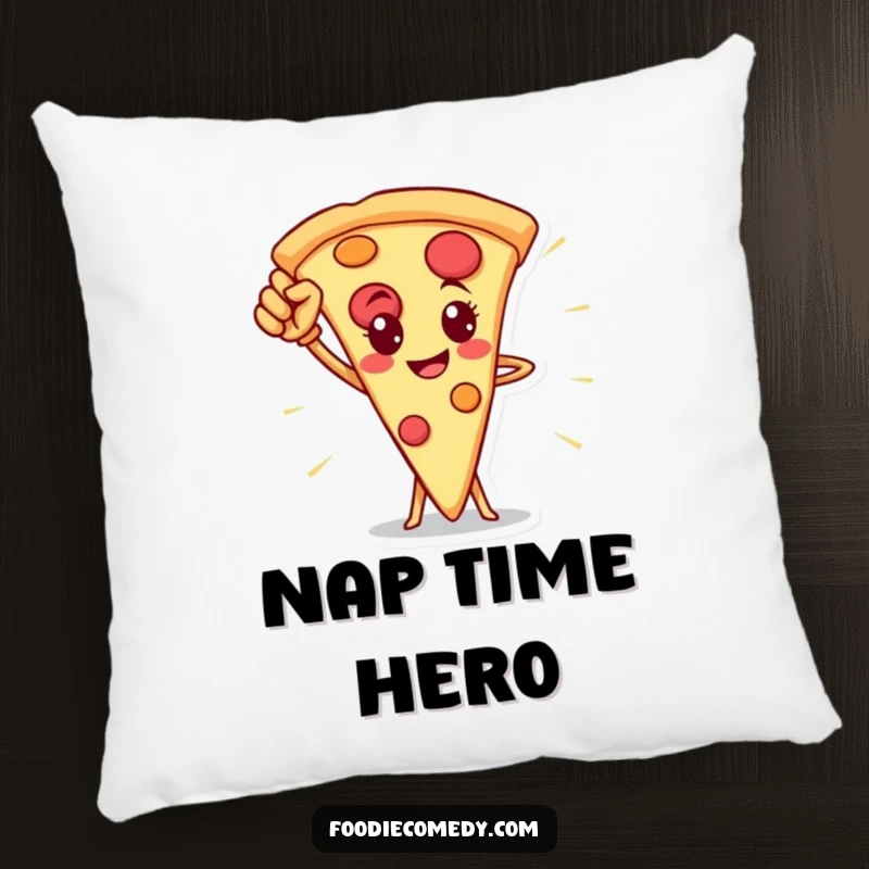 Funny pizza slice hero pillow, showcasing a brave pizza character perfect for cozy, humorous decor.
