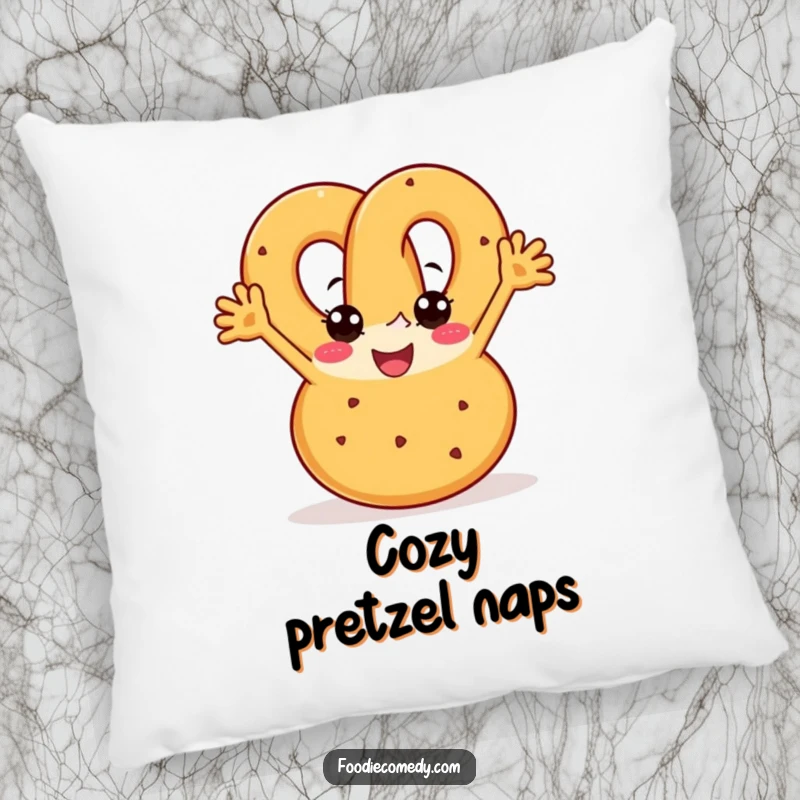 Funny pretzel pillow featuring a joyful pretzel with arms boogying with enthusiasm, perfect for cozy fun.