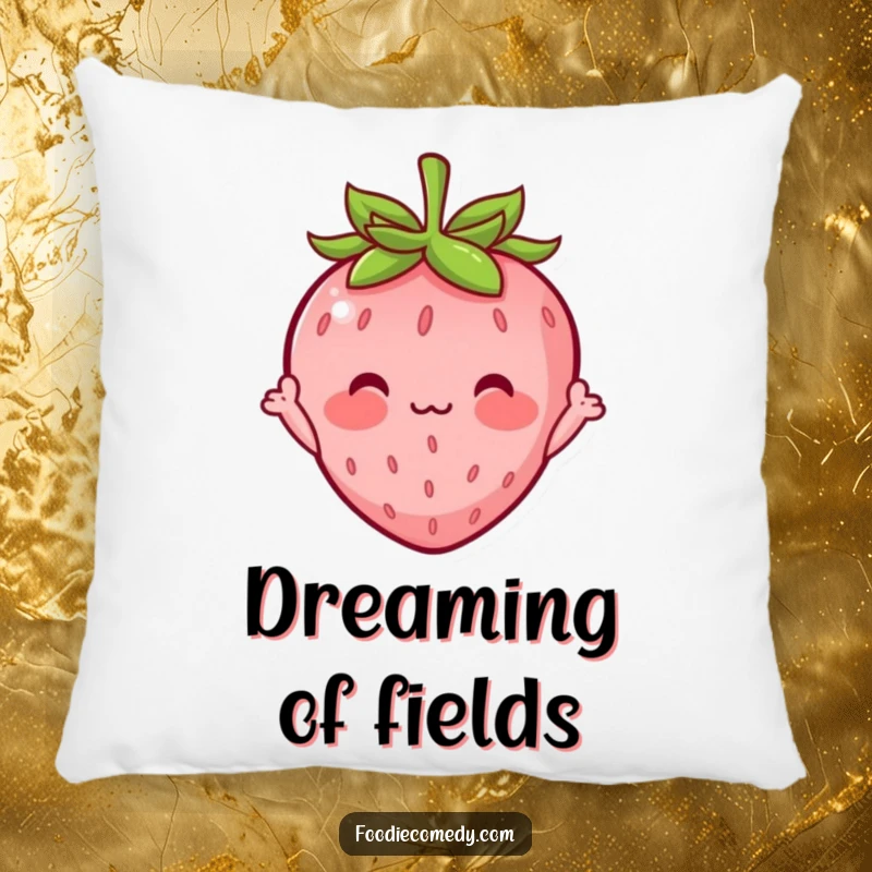 Funny pillow adorned with a blushing strawberry character waving shyly, offering maximum cuteness and a touch of bashful humor.