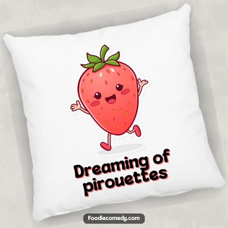 Funny strawberry pillow, smiling and performing a rhythmic tap dance, perfect for comfort and humor.