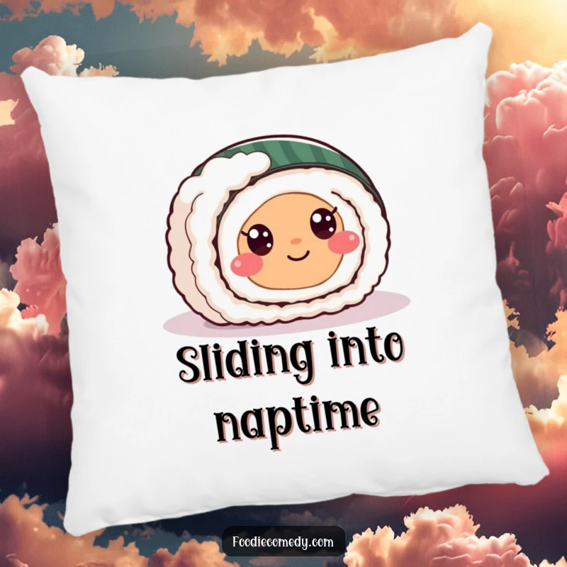 Funny sushi roll pillow showing a happy sushi character with eyes sliding playfully across a smooth floor, adding comfort.