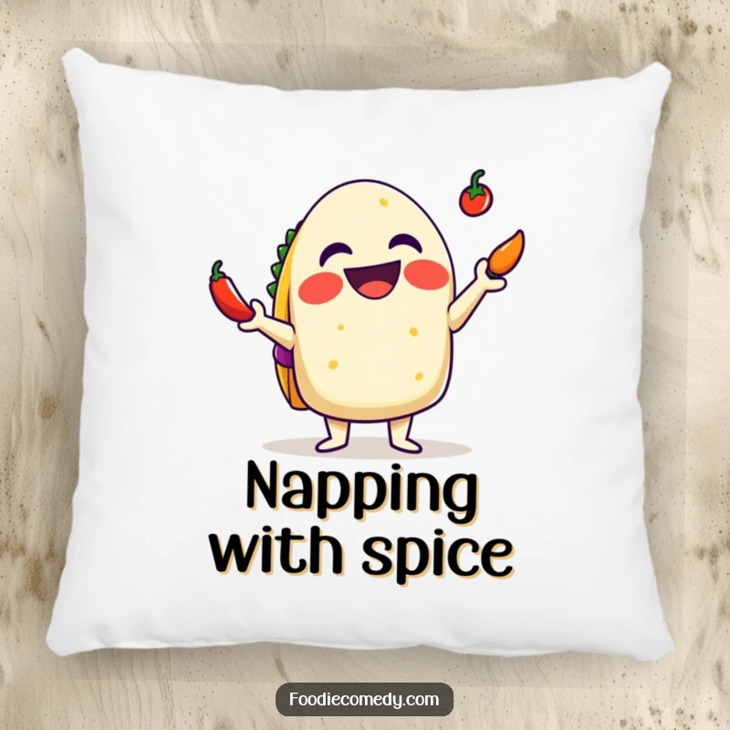 Funny Taco Pillow: A delighted taco juggling tiny chilis with a big grin, offering soft comfort and spicy humor.