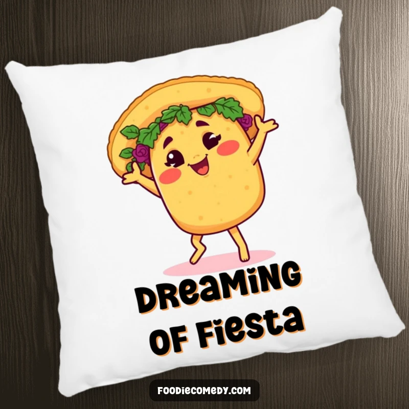 Funny taco pillow, cheerfully salsa dancing with a wink, perfect for adding comfort and humor.