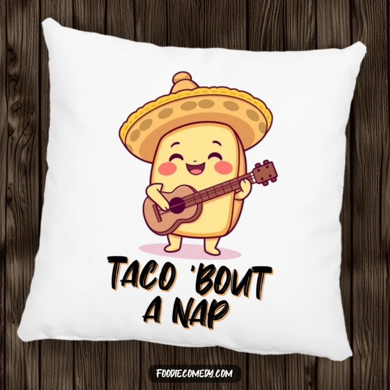 Funny taco pillow featuring a joyful musician taco with a sombrero and guitar, perfect for cozy decor.