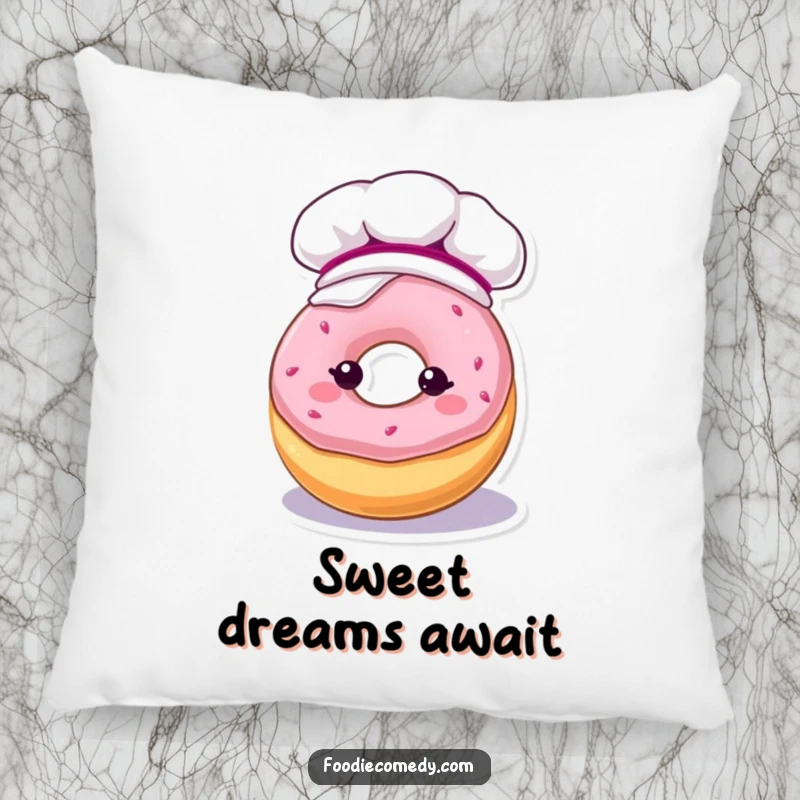 Funny pillow featuring a kawaii donut character in a baker's hat, coated in frosting, perfect for relaxing.