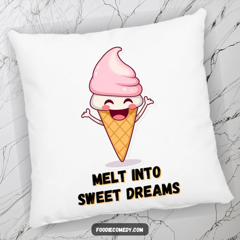 Funny ice cream cone pillow with a laughing character doing a funky shimmy, perfect for sweet comfort.