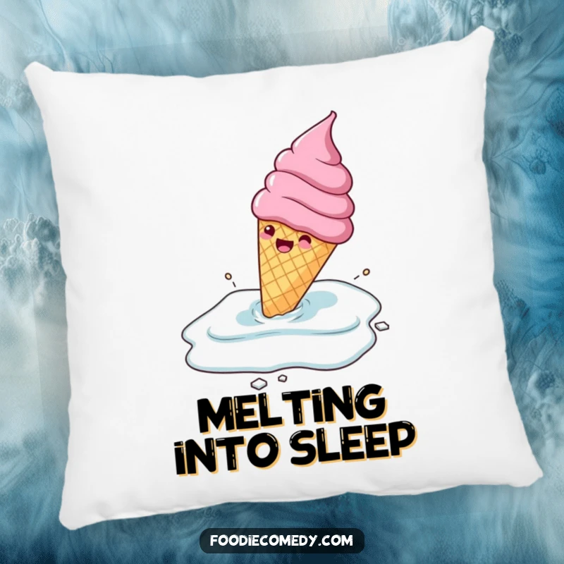 Funny gleeful ice cream cone sliding across a frozen surface, on a soft pillow, a humorous and sweet comfort gift.