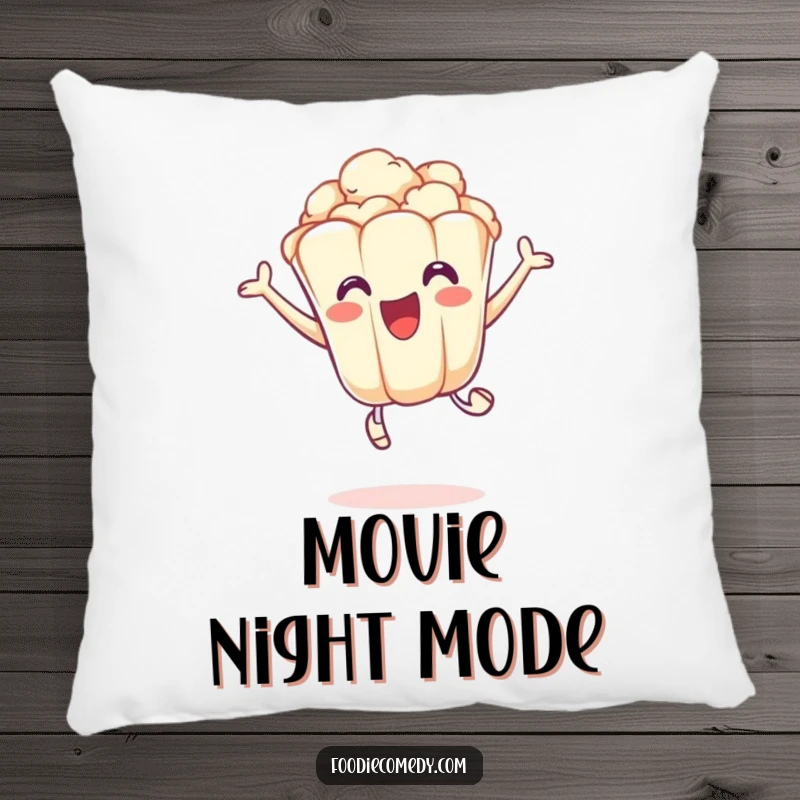 Funny pillow featuring an excited popcorn kernel in a playful leap, offering cozy and energetic humor.