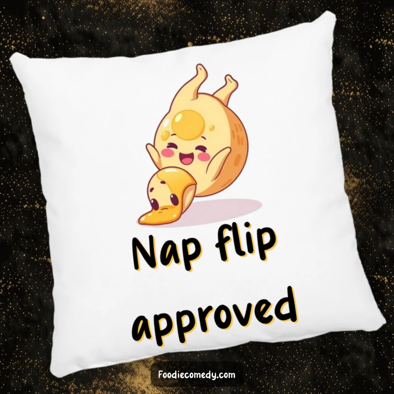 Funny pancake pillow with a happy pancake doing a syrup somersault, providing soft comfort and breakfast-themed humor.
