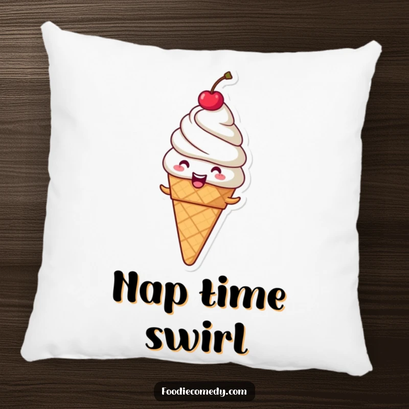 Funny giggling ice cream cone pillow, a spinning dessert character for cozy and joyful relaxation.