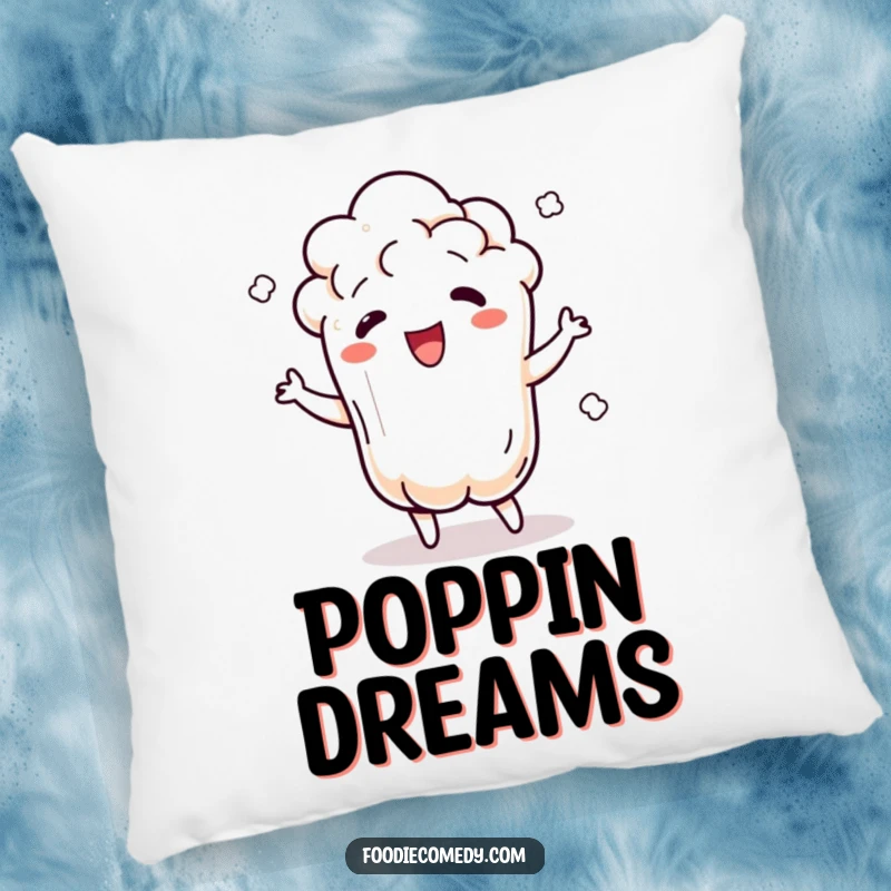 Funny popcorn pillow featuring a dancing popcorn kernel popping and jiggling with rhythm, perfect for cozy fun.
