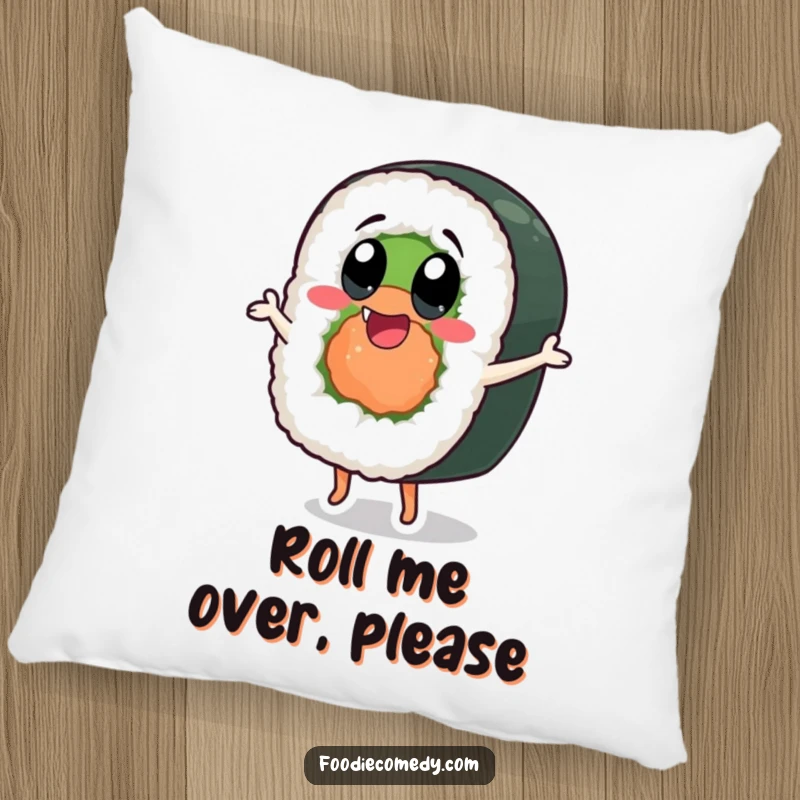 Funny sushi roll pillow featuring a dancing character with exaggerated happy eyes, offering comfort and smiles.
