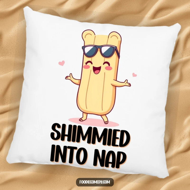 Funny pillow featuring a delighted baguette grooving with a shimmy, providing a soft and humorous addition to any seating area.