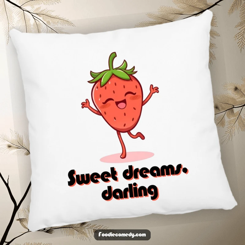 Funny strawberry pillow featuring a giggling strawberry with legs doing a lively flamenco step, perfect for cozy fun.