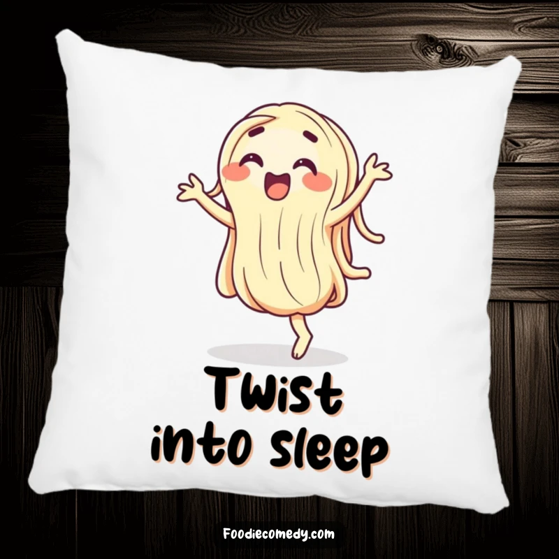 Funny wiggling noodle pillow, a silly pasta character doing a cheerful dance, soft and huggable.