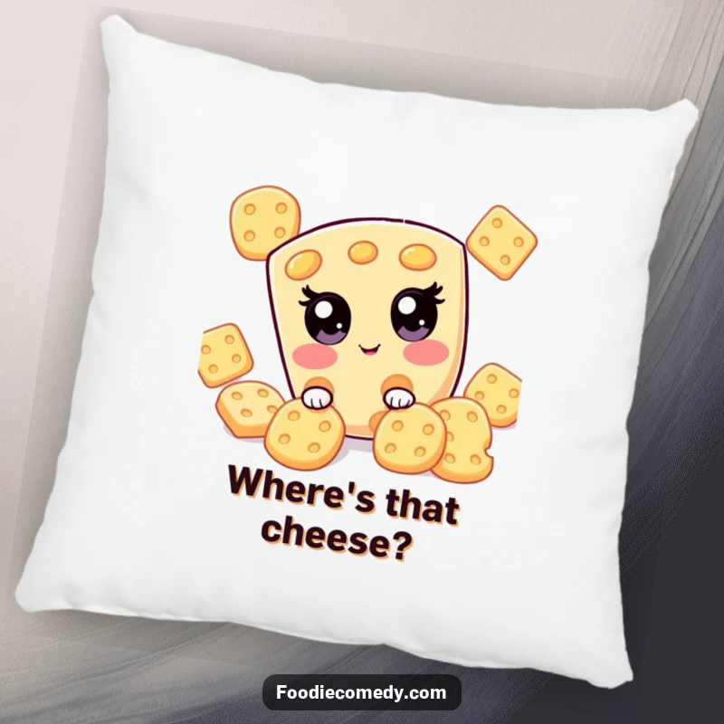 Funny kawaii cheese slice playing hide-and-seek on this decorative pillow, a soft and humorous accent for any room.