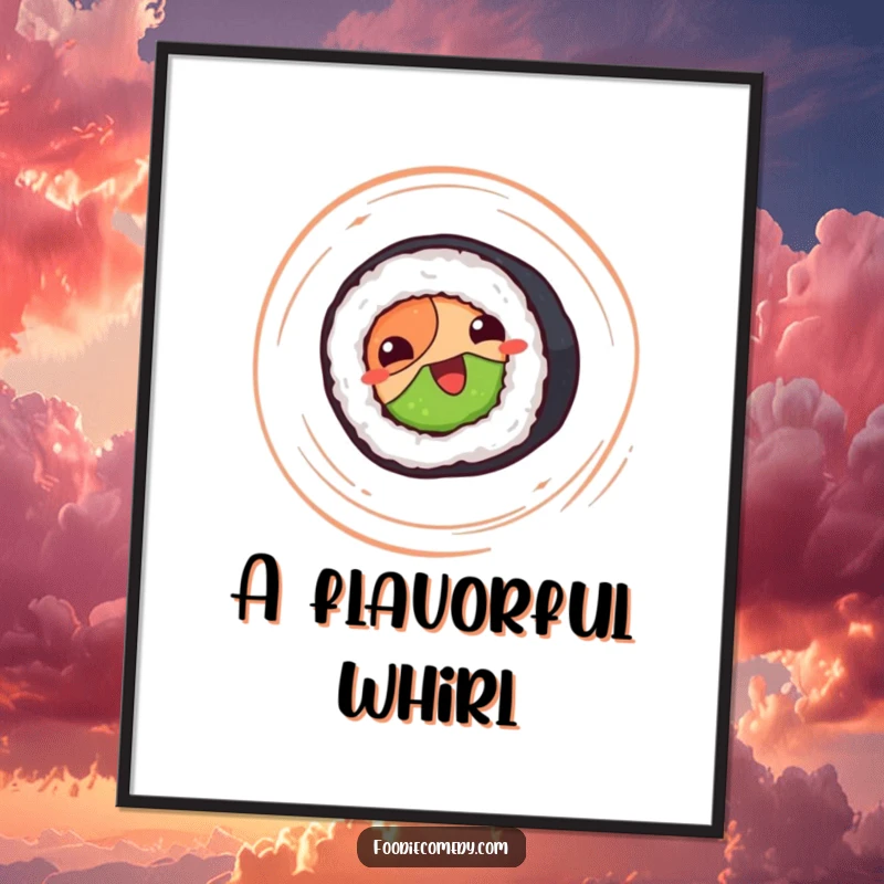 Funny sushi roll digital art print, happy sushi roll spinning, cute food art for walls.