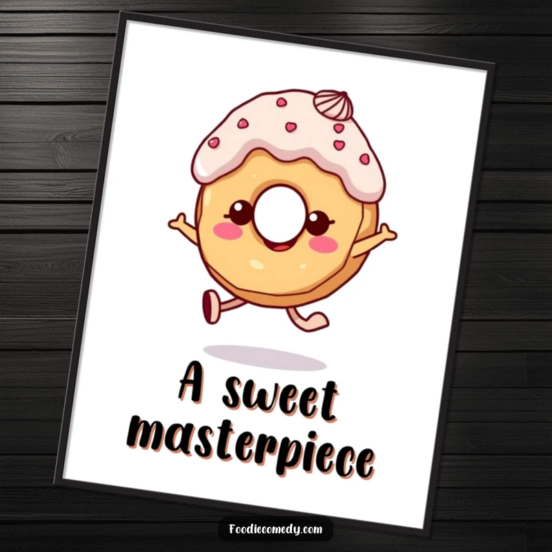 Funny donut digital art print of a skipping character with frosting hair, providing instant cheerful joy.