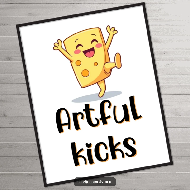 Funny smiling cheese wedge doing a high kick, a high-resolution digital art print for instant cheerful decoration.