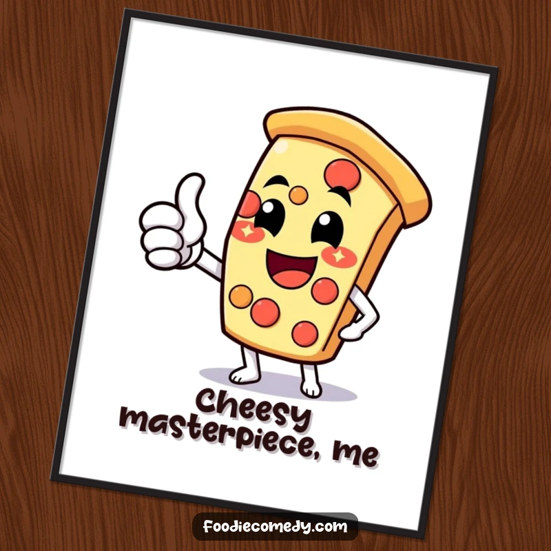 Funny pizza slice digital art print of a character with a cheesy grin and thumbs-up, adding instant joy.