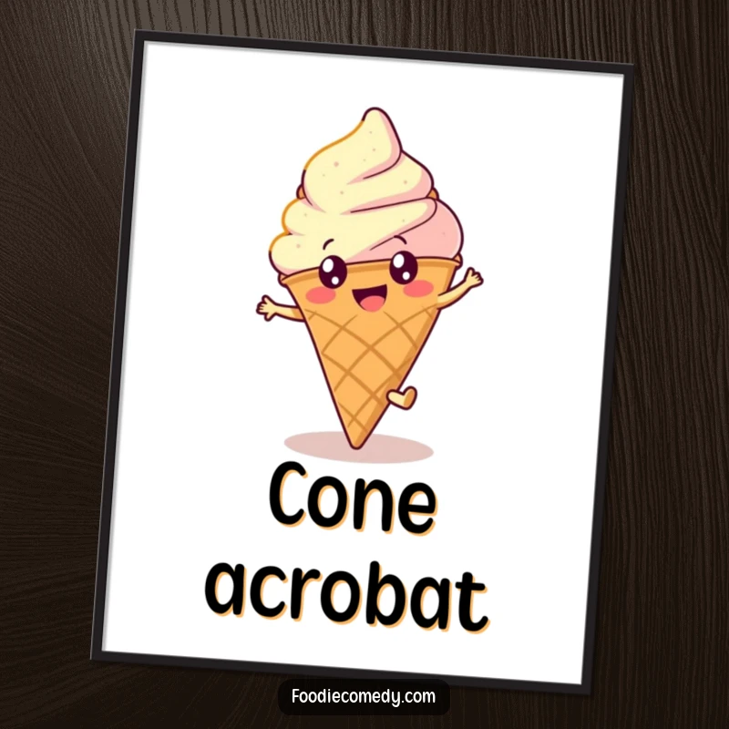 Funny ice cream digital art print of a happy, round cone with bright eyes doing a cartwheel, perfect for instant download and humor.