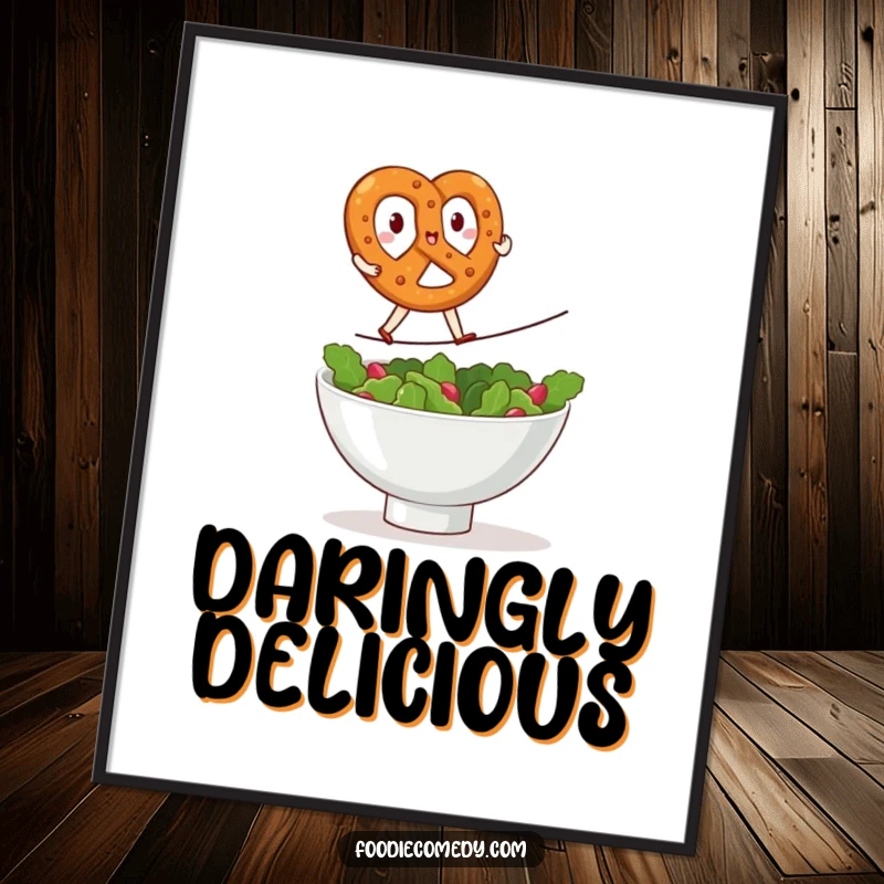 Funny kawaii pretzel digital art print, brave pretzel doing a tightrope walk over a salad bowl, humorous food wall art, cute snack illustration, perfect funny gift printable.