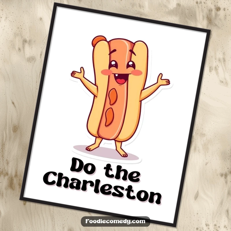 Funny hot dog character performing the Charleston in a digital art print, ideal for humorous and retro wall decor.