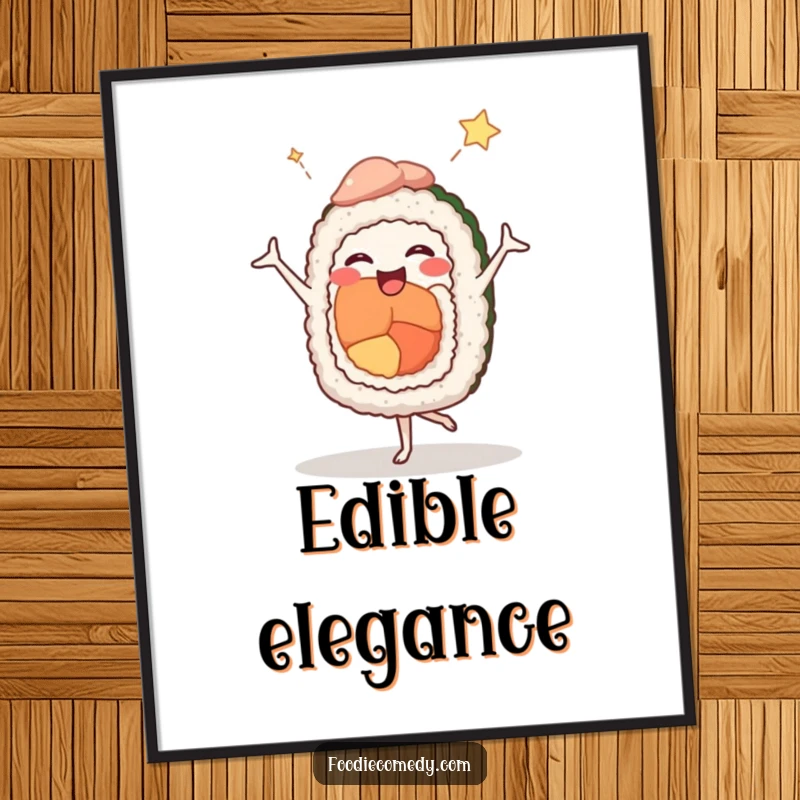 Funny digital art print of a joyful sushi roll performing a comedic ballet pose, ideal for instant humorous wall decor.