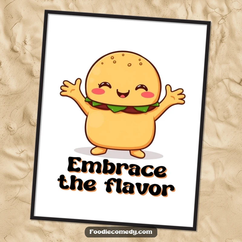 Funny burger digital art, a happy burger character with arms outstretched, inviting a humorous and friendly embrace.