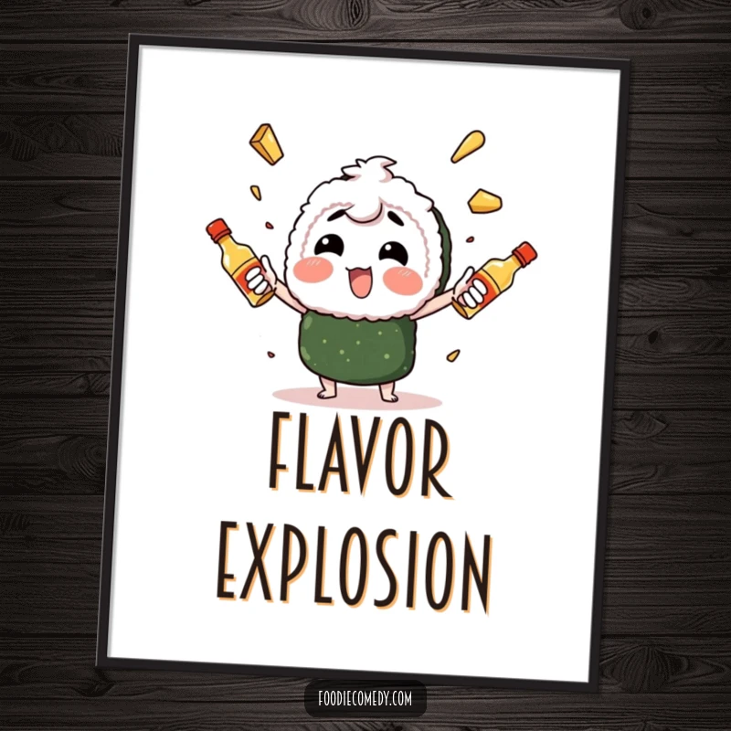 Funny sushi character enthusiastically juggling spicy mayo bottles digital art print, capturing a culinary performer in action.