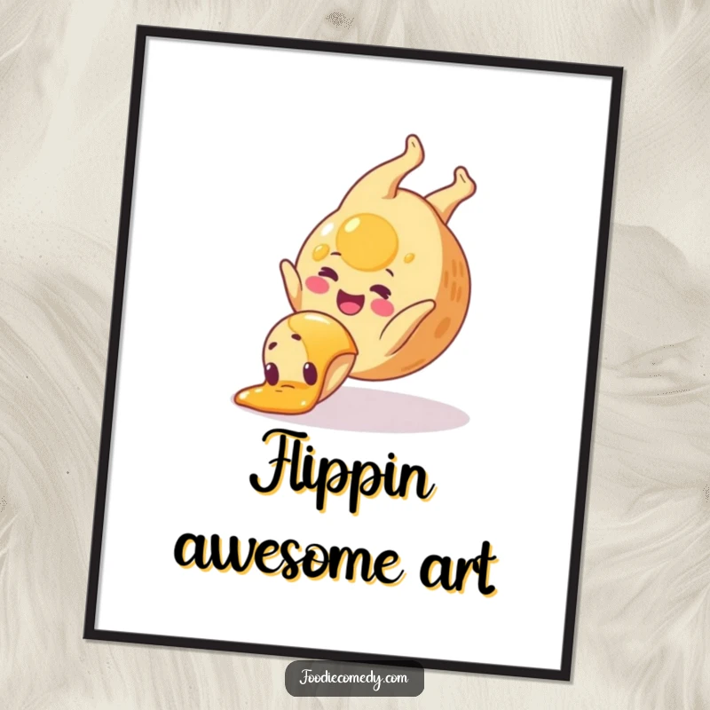 Funny pancake digital art print of a happy pancake doing a syrup somersault, ideal for instant, humorous wall decor.