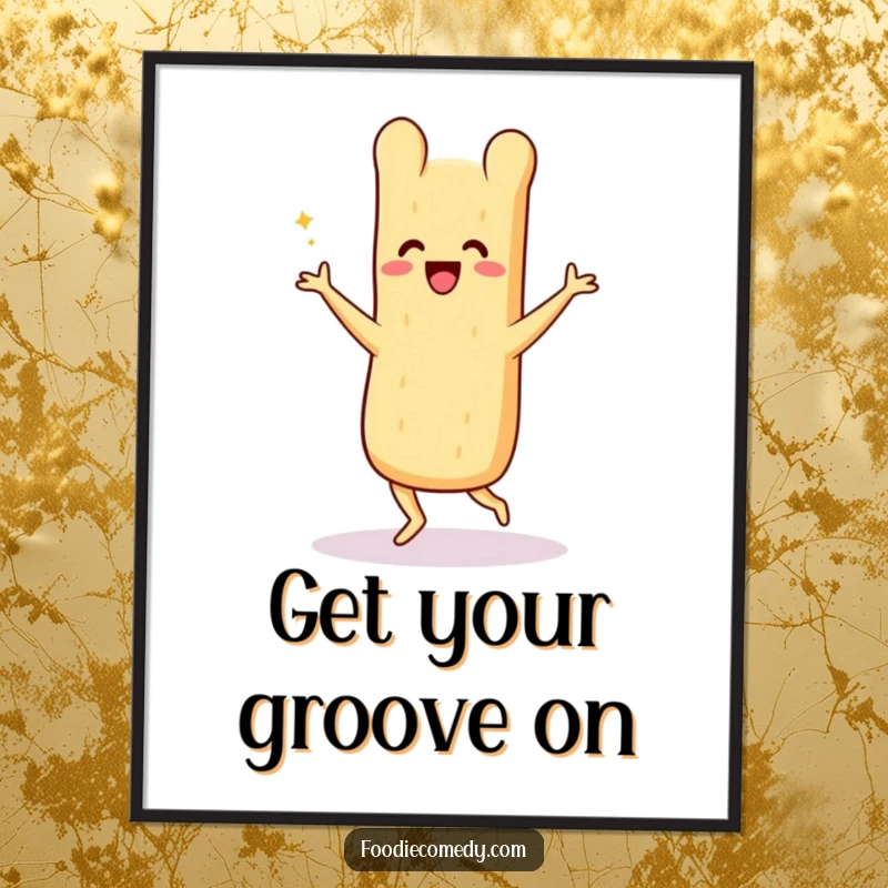 Funny digital art print, a baguette doing a vibrant Charleston, retro-themed, humorous wall decor.