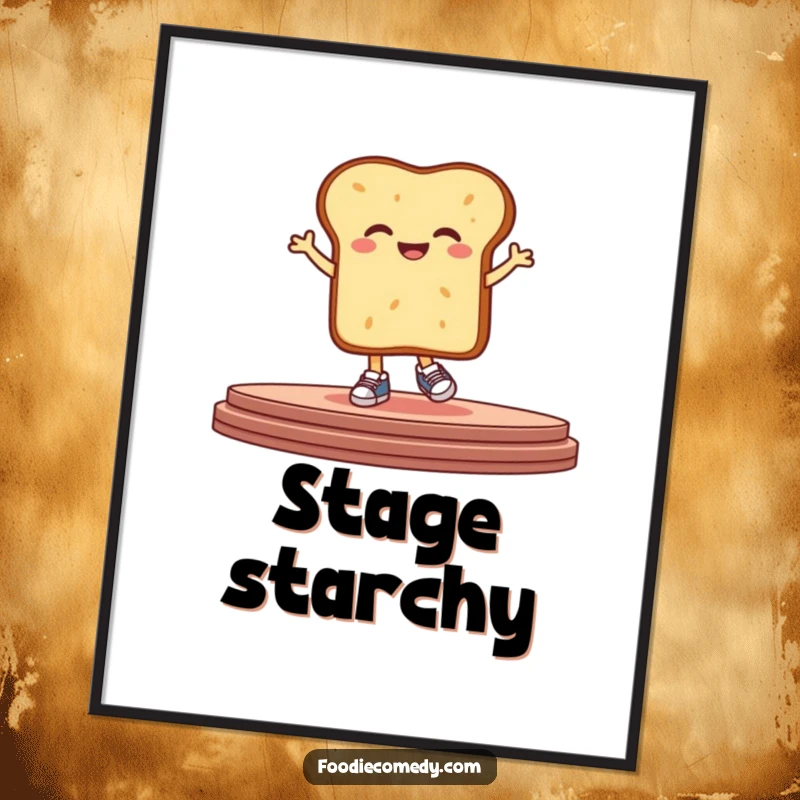 Funny bread digital art print of a giggling, stylized loaf in tiny sneakers, hopping on a stage, perfect for instant download and humor.