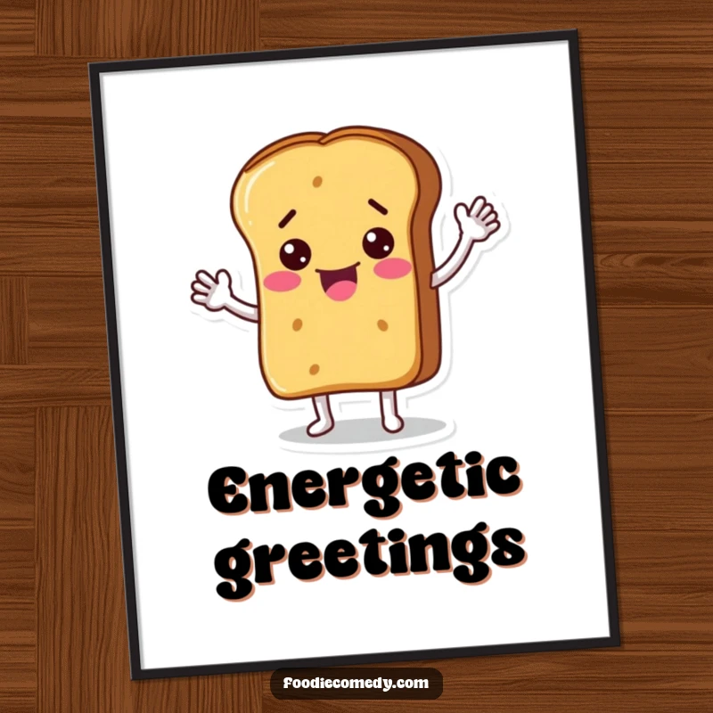 Funny digital art print of a bread loaf character waving energetically, offering a high-resolution, downloadable image full of cheerful humor. A perfect funny gift for art lovers.
